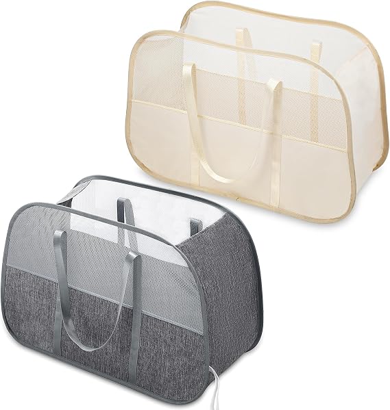 Collapsible Laundry Baskets with Easy Carry Handles, 95L Clothes Hamper Foldable Basket with Tote Handles Grey+Beige