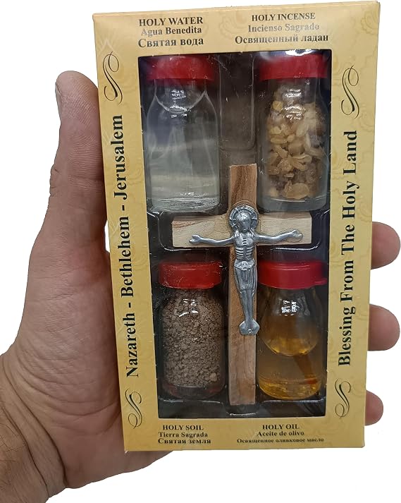 Zuluf Holy Land Set 5 In1 Olive Wood Cross Set with 4 Bottles - Oil, Jordan Water,Holy Land Essences & Holy Earth with Certificate