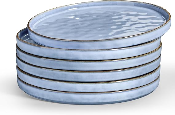 LIANYU 6PCS Ceramic Flat Dinner Plates Set, Porcelain Salad Appetizer Dishes with High Edge, 10.2 Dessert Plates Set, Microwave, Oven, dishwasher Safe, Chip & Scratch Resistant, Serenity Blue