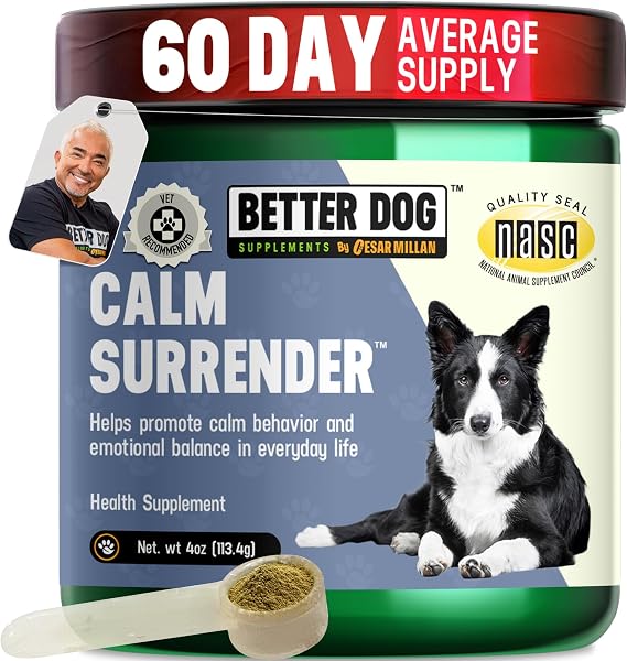 Better Dog Calm Surrender by Cesar Millan Herbal Dog Calming Support Powder, Calming Supplements for Dogs, Dog Supplements for Travel, Grooming & Loud Noises, Chamomile, Valerian, Catnip, 4oz