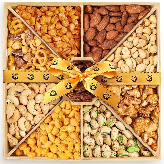 Gourmet Mixed Nuts Gift Basket in Sleek Bamboo Wood Reusable Platter | XL 2 lb Platter Includes 9 Assortments of Premium Nuts, Kosher