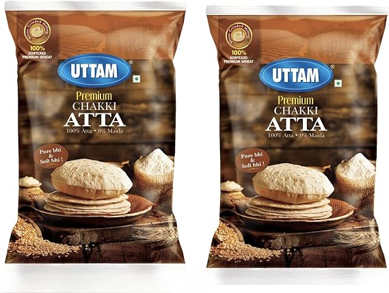 Uttam Chakki Atta 5kg – Whole Wheat Flour | Stone Ground Atta for Roti, Chapati & Paratha | Indian Wheat Flour | Vegetarian Pantry Staple (Pack of 2)
