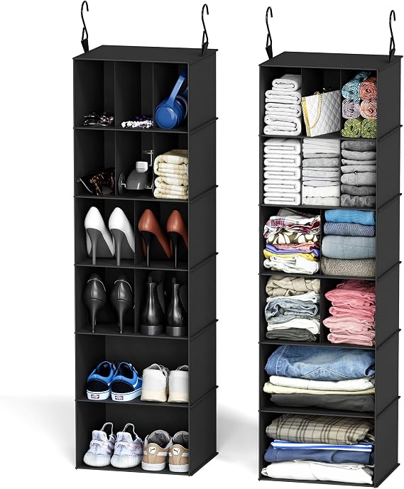 SpaceAid 2 Pack Hanging Closet Organiser and Storage with Dividers, 24 Compartments Hanging Shoe Shelves for Closet, Wardrobe, RV, Garment Rack - Black