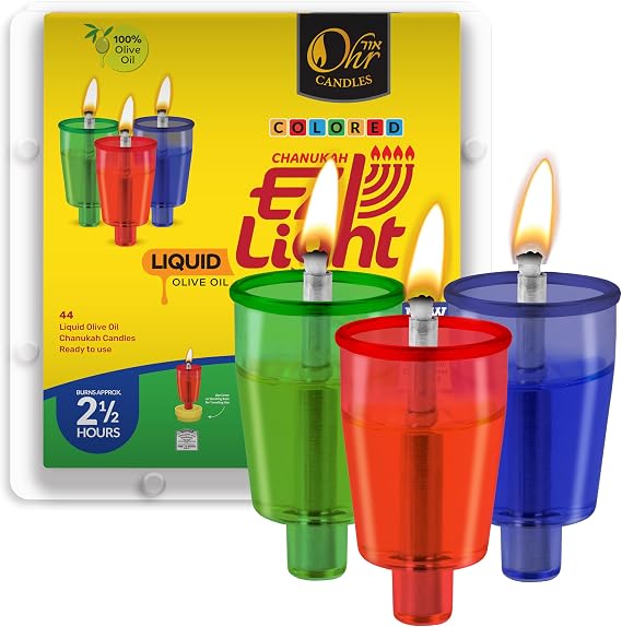 Pre-Filled Colored Menorah Oil Cup Candles - Hanukkah EZ Lights - 100% Olive Oil with Cotton Wick in Plastic Cup - Medium Size, 44 per pack, Burns Approx. 2 1/2 Hrs