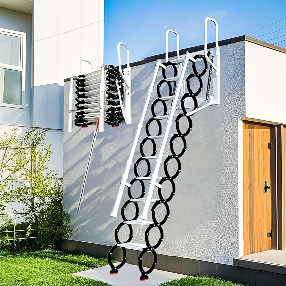12 Steps Wall Mounted Folding Attic Stairs Ladder Pull Down System (Black)