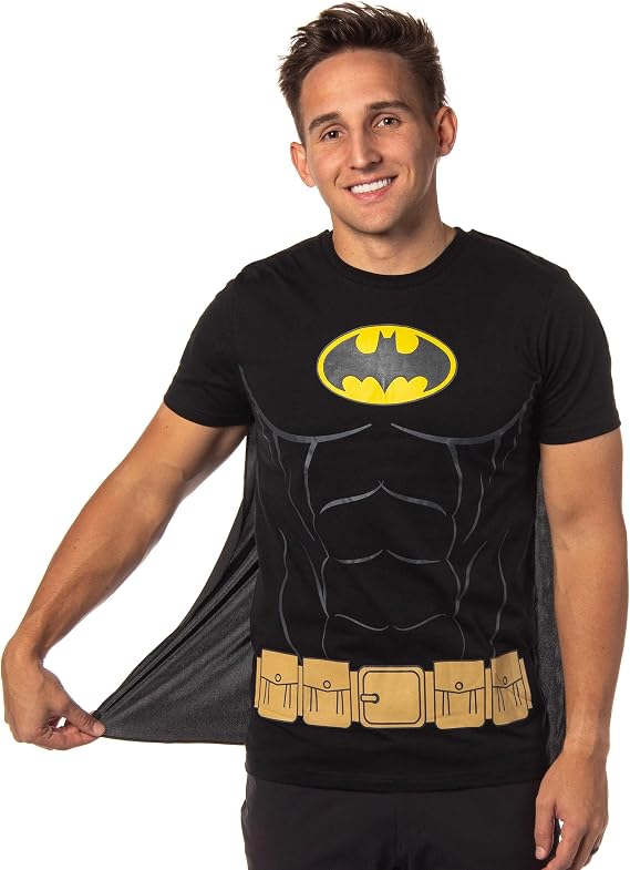 DC Comics Men's Batman Costume Shirt with Detachable Cape Classic Bat Logo Batman Cosplay Tee