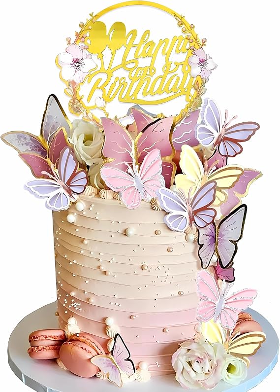35PCS Butterfly Cake Toppers with Flowers Pink Gold Cake Decorations