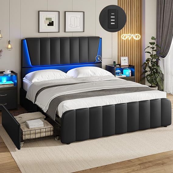AOGLLATI Queen Bed Frame with Headboard and 4 Storage Drawers, Led Light & 2 USB Ports,Led Bed Frame Queen Size with Wooden Slats Support, No Box Spring Needed,Black