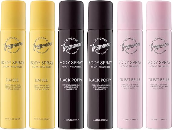 Designer Fragrances 6 Pack Assorted Aromas Bundle - Tu Est Belle, Daisy, Black Poppy - Women's Body Spray Deodorant Cans - For Instant Freshness on The Go - Long Lasting Smell, Great Gifts - 100ml