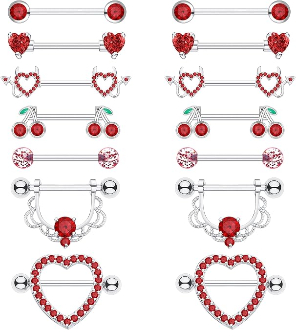 BSJ4U 7 Pairs Nipple Piercing Jewelry 14G Stainless Steel Gold Plated Pink Red Silver Nipple Rings for Women Cute Heart Cherry Nipple Barbells