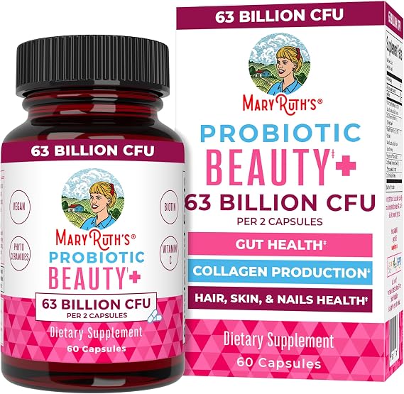 MARYRUTH'S Probiotic Beauty Capsules, Gut Health, Vegan Collagen Support | Red Orange Complex & Ceramosides, Anti Aging, Hair Skin and Nails Vitamins