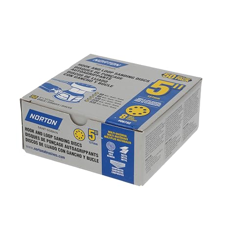 Norton 5 Inch 8-Hole Hook & Loop Sanding Discs, 50-Pack Assorted Grits (60, 80, 120, 220, 320), for Multi-Surfaces. Wood, Metal, Composites, Painted Panels