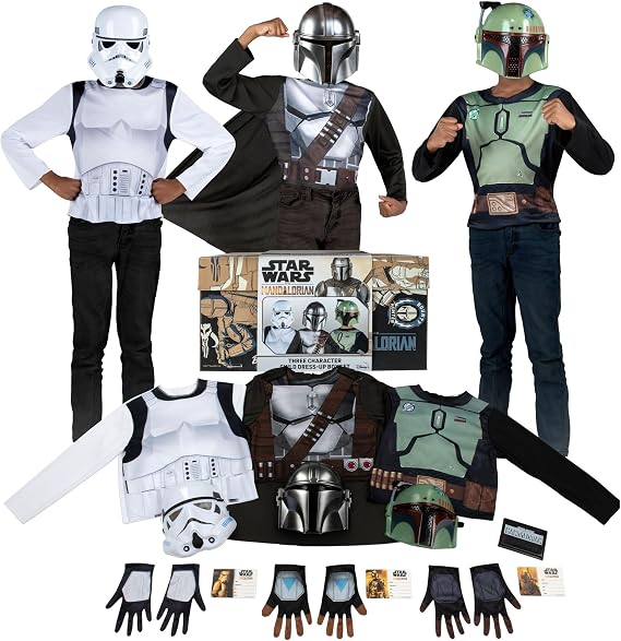 Star Wars The Mandalorian Child Halloween Costume Dress-Up Box - Tops, Gloves, Masks, and ID Cards of The Mandalorian, Boba Fett and Stormtrooper - Size M (8-10) Multi