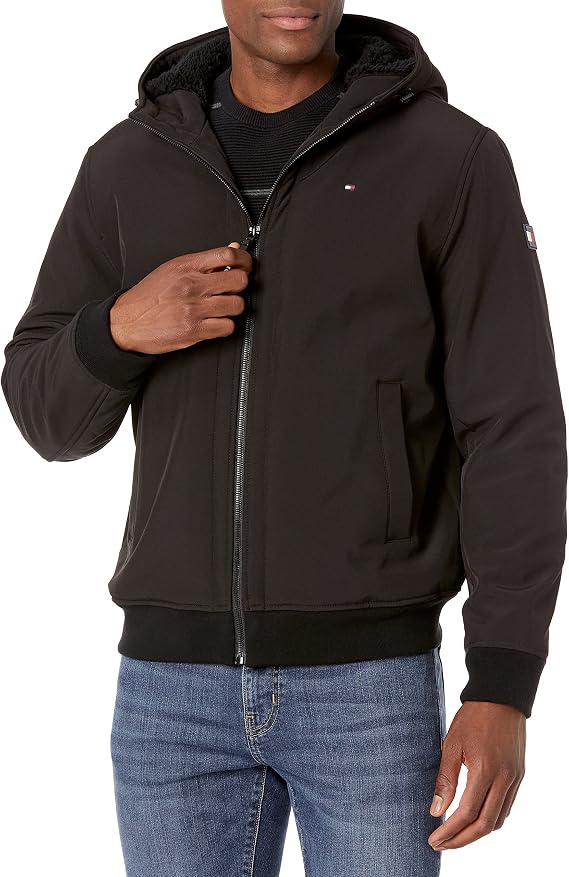 Tommy Hilfiger Men's Soft Shell Fashion Bomber With Contrast Bib and Hood