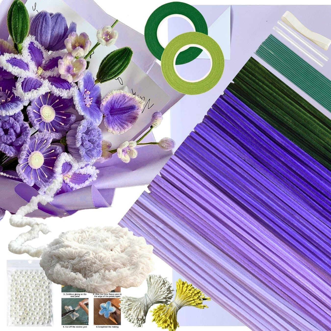 5-Color Purple Pipe Cleaner Flower Kit,300 Pcs Pipe Cleaners Craft,with 1 Roll Fluffy Yarn,50 Pearls,100 Flower Stamens,15 Floral Wire,2 Floral Tape,2 Wrapping Paper,Ribbon and Instruction