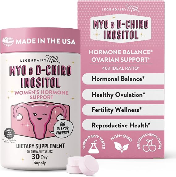 Legendairy Milk Myo Inositol and D Chiro Inositol Supplement for Women, 40:1 Ratio, Sugar Free, Vegan, Chewable Tablets, Cherry Flavor, 30 Day Supply