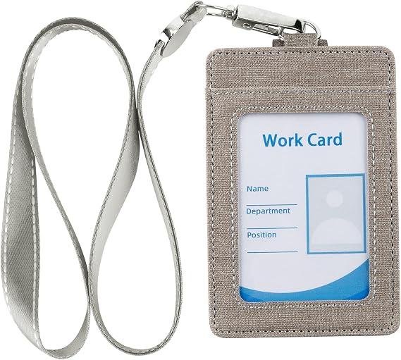 Faux Leather Vertical Badge Holder Lanyard ID Card Holder Case with 1 ID Window for School Office,Grey