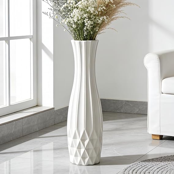 Tall White Floor Vase, 28 Inches / 71 cm Ceramic Standing Flower Vase, Large Decorative for Living Room, Bedroom, Dining, Office, Glossy Glaze, Wedding Gift