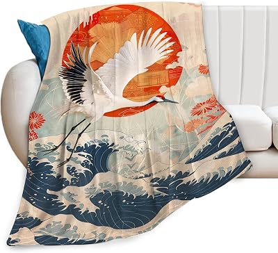 Japanese Crane Blanket for Girls Woman Japanese Waves Throw Blanket Japanese Stuff Decor Merch Cozy Flannel Soft Warm Plush Lightweight Bedding Gifts for Kids Boy Man Sofa Bedding Couch 50X40