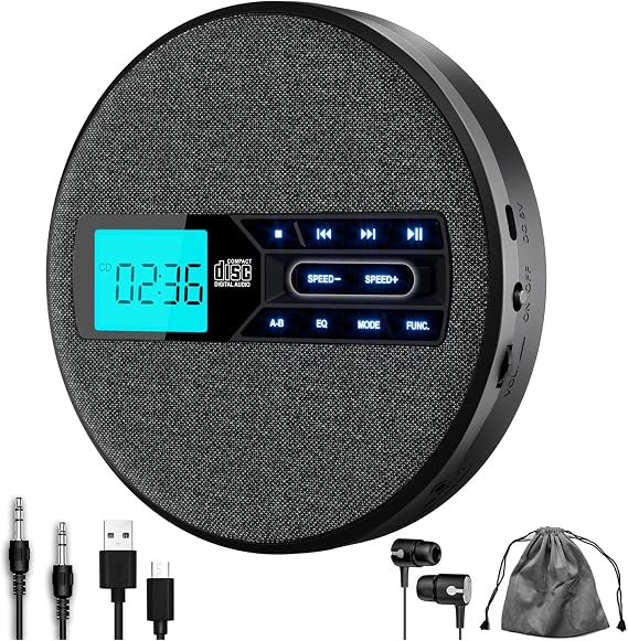 CD Player Portable, Rechargeable Portable CD Player with Dual Speakers and Anti Skip,CD,USB,AUX,LCD Display,Backlit Button,5 EQ,A-B Repeat,10 Speeds for Home Car Fabric, Black
