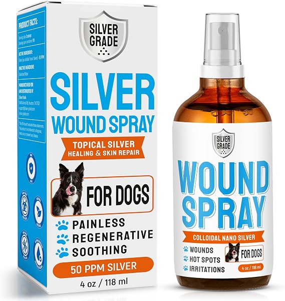 SILVER GRADE Dog Wound Spray Helps with Hot Spots, Irritations, Bites, Burns, Rashes, Itch, Scratching Better Use with a Dog Cone to Stop Licking Safe for Large and Small Breeds 4 oz