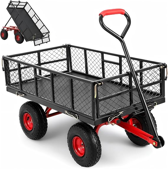 Heavy Duty Steel Garden Cart 880Lbs, Garden Wagon Cart On Wheels with 10 Inch Tire, Outdoor Yard Dump Utility Wagon Carts with 180 Rotating Handle and Removable Sides Perfect for Garden, Farm, Yard