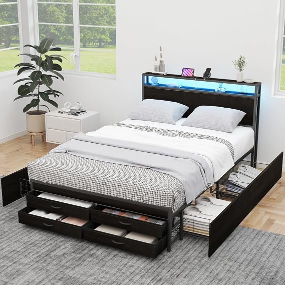 Zevemomo Full Bed Frames with Headboard, Full Size Storage Bed Frame with 8 Drawers, Built-in Charging Ports & Outlets, Adjustable Atmospheric LED Lights, Full-Size Metal Foundation Beds Base, Black