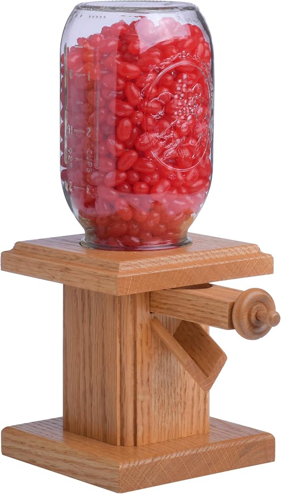 Handcrafted Amish Wooden Candy Dispenser Glass Jar Solid Oak Wood M&M's, Peanuts, Reese's Pieces, Skittles, Jelly Beans, Runts (Honey)