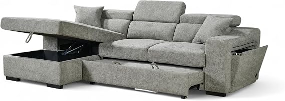 Grey Fabric Corner Sofa Bed with Storage, USB and Wireless Charging Dock ARTHUR - L Shaped Pull Out Sofa Bed 3 Seater for Family Living Room with Cushions, 220 x 140 cm Sleeping Area, Left Hand