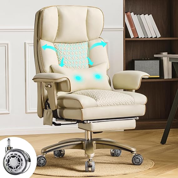 Leather Office Chair with Footrest, High-Back Executive Office Chair with Adjustable Lumbar Support, Luxury Desk Chair with Silent Wheels Rocking 360 Swivel, Height Adjustment,Beige