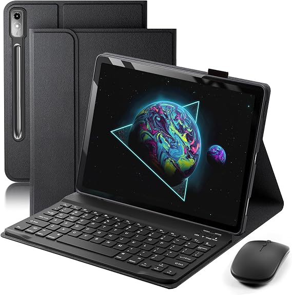 TUNKARMOR Keyboard Case for Lenovo Tab P12 12.7 Inch 2023 - Mouse and Detachable Keyboard PU Leather Cover Case Auto Sleep/Wake - Black
