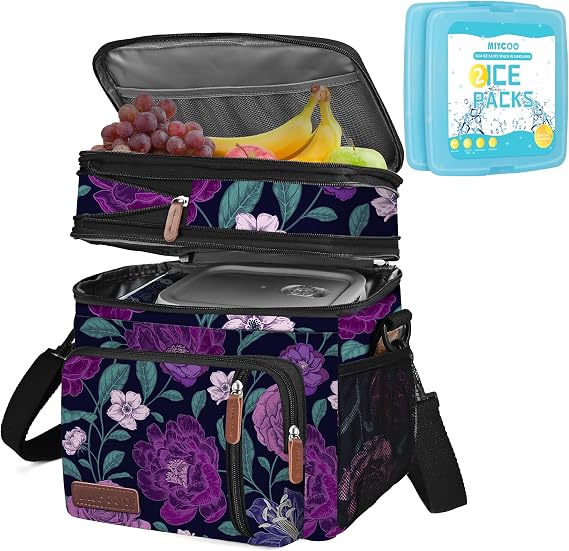 MIYCOO Lunch Bag Lunch Box for Women Men Double Deck Insulated Cooler Bag & 2PC Ice Packs for Lunch Boxes