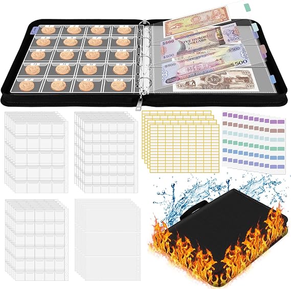SelfTek Fireproof C-oin Collection Book Holder for Collectors, 468 Pockets C-oin Album&36 Paper Currency Binder Sleeves with Collection Labels, C-oin Storage Organizer G-ifts for Pennies, Bills,Tokens