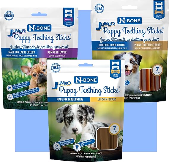 N-Bone Puppy Teething Sticks Jumbo 7 Count Bag Variety Pack, Chicken & Peanut Butter & Pumpkin Flavor, Total 3 Bags, 21.86-oz, 21 Sticks