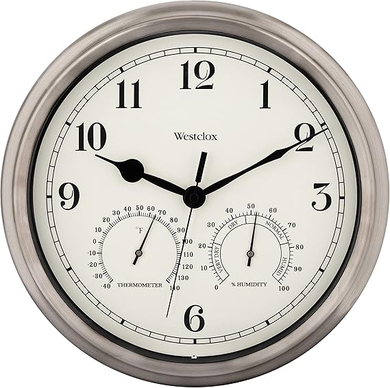 Westclox Indoor/Outdoor Wall Clock with Temperature & Humidity Gauges, Weather-Resistant, Quartz Accuracy, Battery-Powered (Silver, 12-Inch)