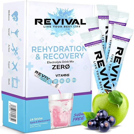 Revival Zero Rehydration Electrolytes Powder - Sugar Free Hydration Sachet Drink with Vitamins C, B1, B3, B5, B12-14 Pack Apple & Blackcurrant