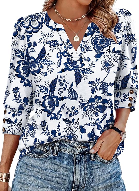 WIHOLL 3/4 Length Sleeve Womens Tops with Button Cuffs Dressy Casual V Neck Summer Outfits Early Fall Fashion Spring Clothes