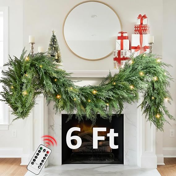 Christmas Cedar Garland Realistic - Cypress Decorations with Lights 6ft for Mantle Lighted Faux Pine Garlands for Xmas Home Decoration Indoor Stairs Railing Fireplace Outdoor 6 ft Prelit Door Decor