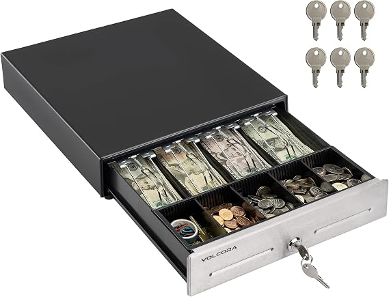 Volcora 13" Cash Register Drawer for Point of Sale (POS) System, 4 Bill 5 Coin Cash Tray, Black and Stainless Steel Front Cash Drawers, Removable Coin Compartment, 12-24V, RJ11/RJ12 Key-Lock