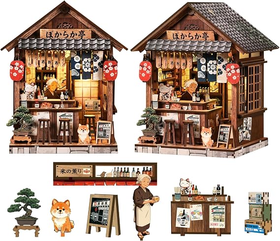 Book Nook Kit-The Mellow Pub Japanese Style DIY 3D Miniature Wooden Puzzle with LED Shelf Decoration for Adults and Teenagers Perfect Home Decoration and Gift