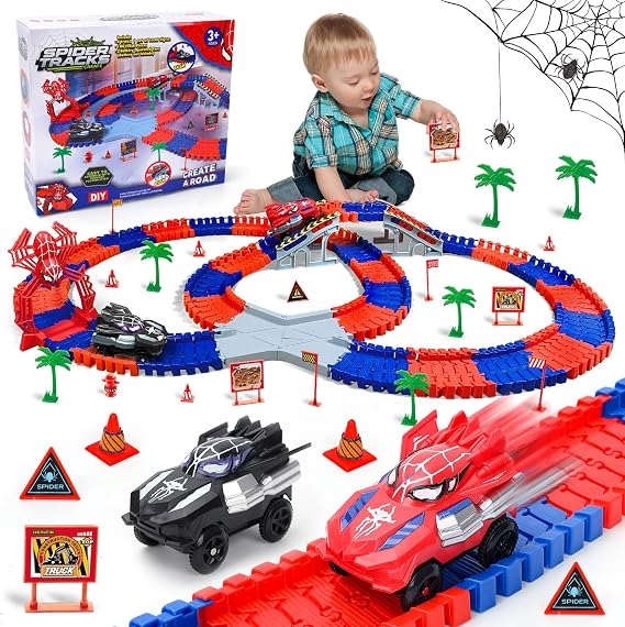 Spider Construction Race Track Set: STEM Building Toys for Kids Ages 3-9 Car Track with Superhero Cars Outdoor Toddler Toys for Boys Girls Birthday Gifts Toy for 3 4 5 6 Year Old Boy Gifts(212PCS)