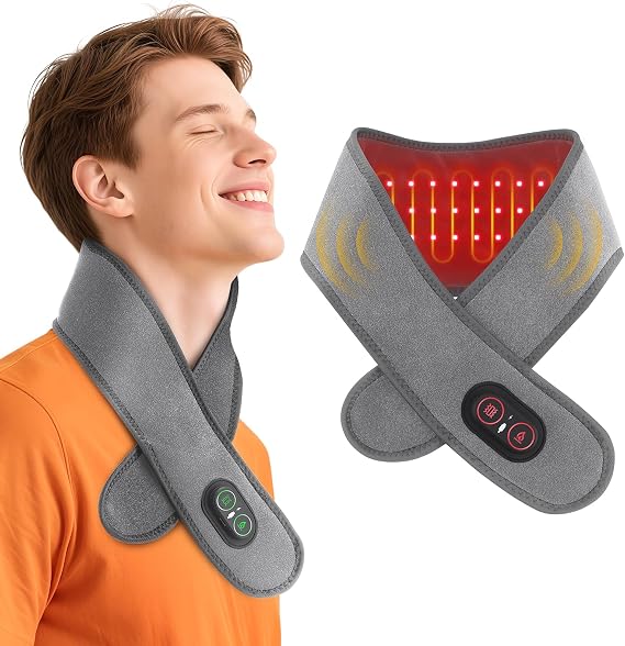 Neck Heating Pad, Cordless Heated Neck Massager with 660nm 850nm Red Light, 3 Levels Heat & Massage Neck Warmer Brace, Gray