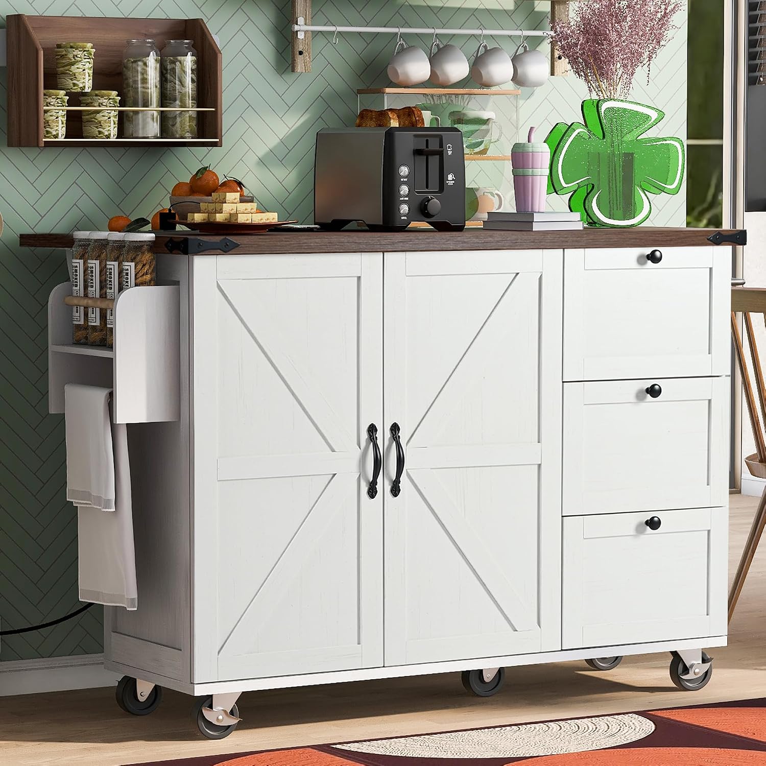Amposei Farmhouse Rolling Kitchen Cart Island with Power Outlet & Drop Leaf, Wooden Mobile Storage Island on Wheels with Drawers, Spice Rack, Interior Storage Rack, White