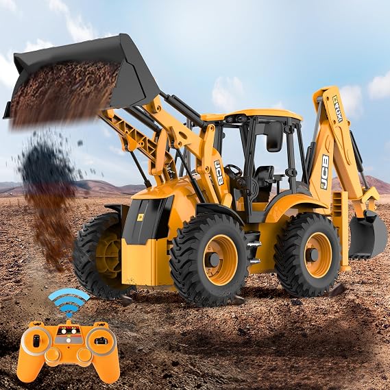 DOUBL E JCB 1:20 Scale RC Excavator & Loader Dual-Function Construction Model with Rotating Arm, Realistic Sound & Light | Ideal