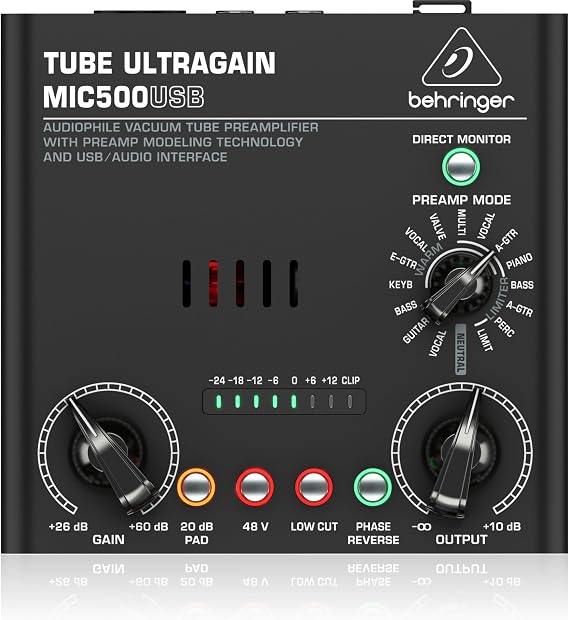 Behringer TUBE ULTRAGAIN MIC500USB Audiophile Vacuum Tube Preamplifier with Preamp Modeling Technology and USB/Audio Interface