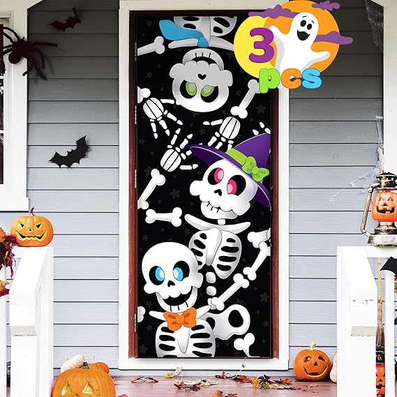 JOYIN 3 Pcs 30x72 Door Cover Skeleton Halloween Decorations Indoor, Haunted House Home Decor Stickers Party Supplies Favors for Garage Window Wall Cute