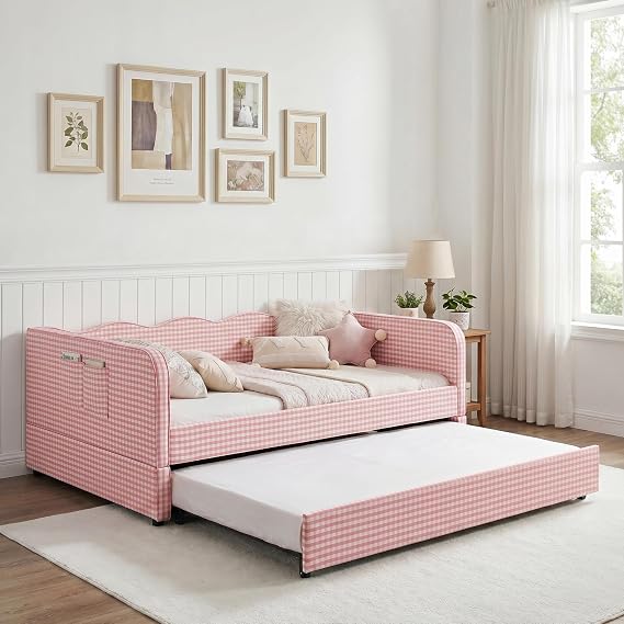 DEINPPA Full Size Gingham Daybed with Trundle and Storage Pockets-Pink
