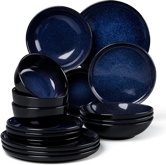 LIANYU 16 Piece Dishes Dinnerware Set with Pasta Bowls for 4, Midnight Blue