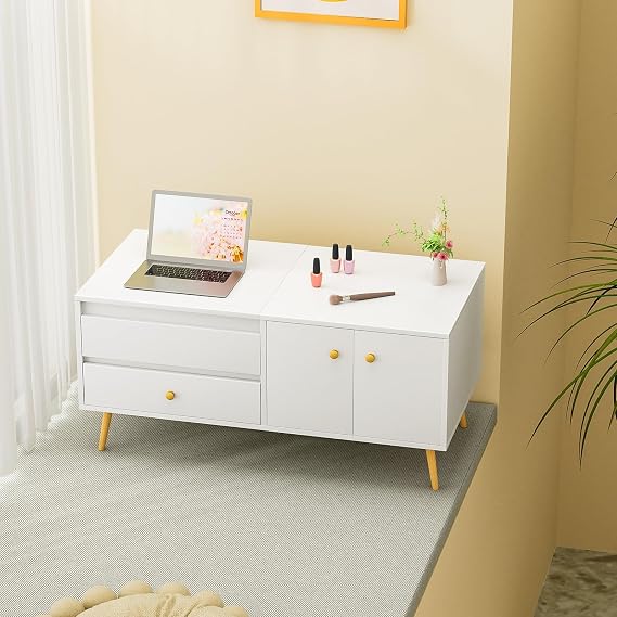 Vanity Desk with Mirror and LED Lights Makeup Vanity with with Top Light Mirror Dressing Table Set with Drawers and 2 Doors 3 Adjustable Light Colors for Bedroom White