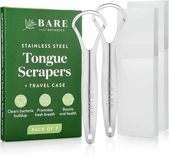 Bare Botanics 舌スクレーパー 2個 | 耐久性のあるステンレススチールと再利用可能な舌クリーナー ケース付き | コンパクトな口腔衛生ツール